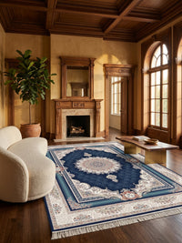 Navy Floral Persian Rug · 1200 Reeds styled in a room — Stylish Rugs & Carpets, Sacramento