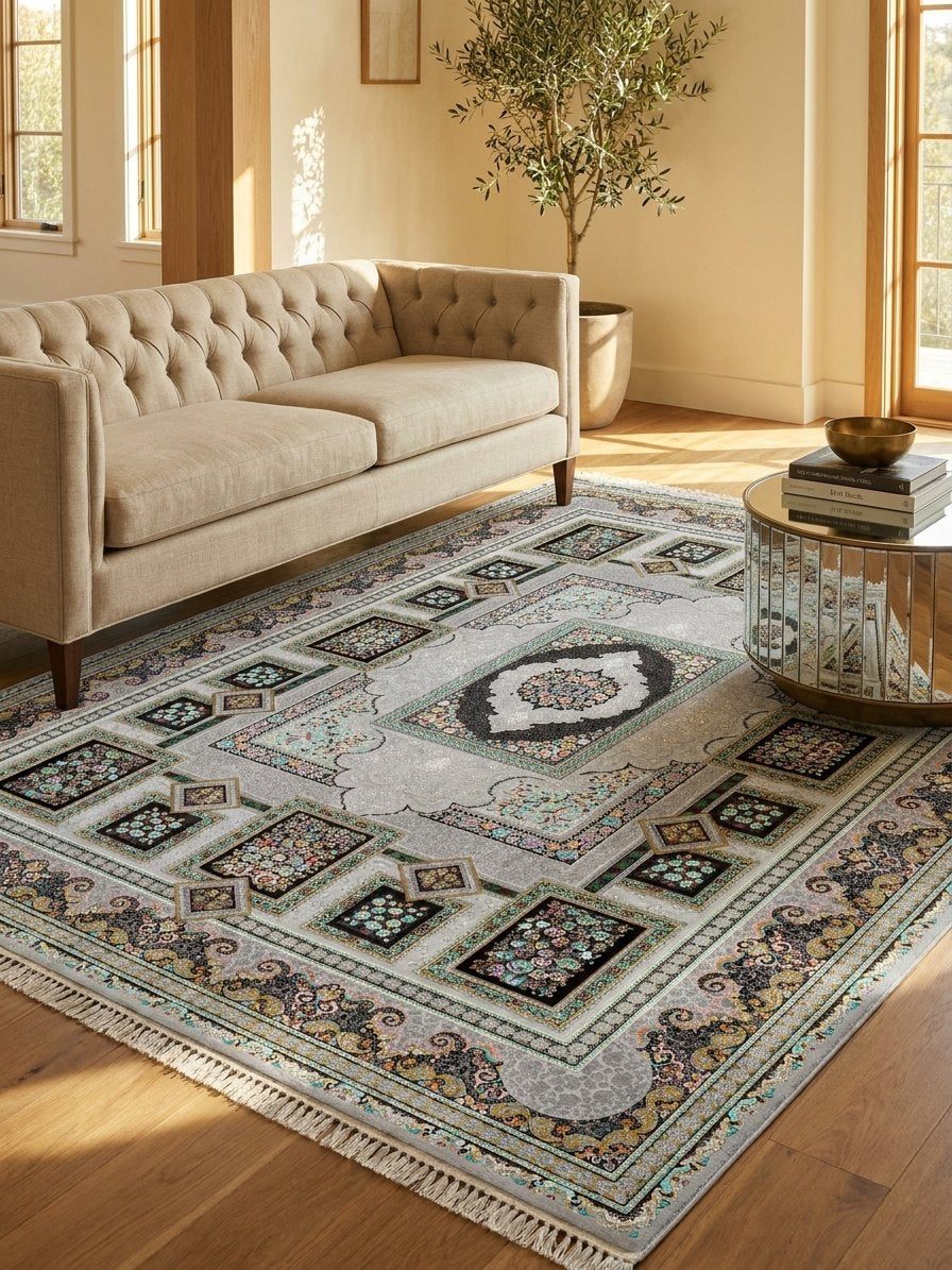 Silver Panel Persian Rug · 1200 Reeds — size 3x6Feet (91x200cm)  2Meters Runner shown to scale in a living room — Stylish Rugs & Carpets, Sacramento