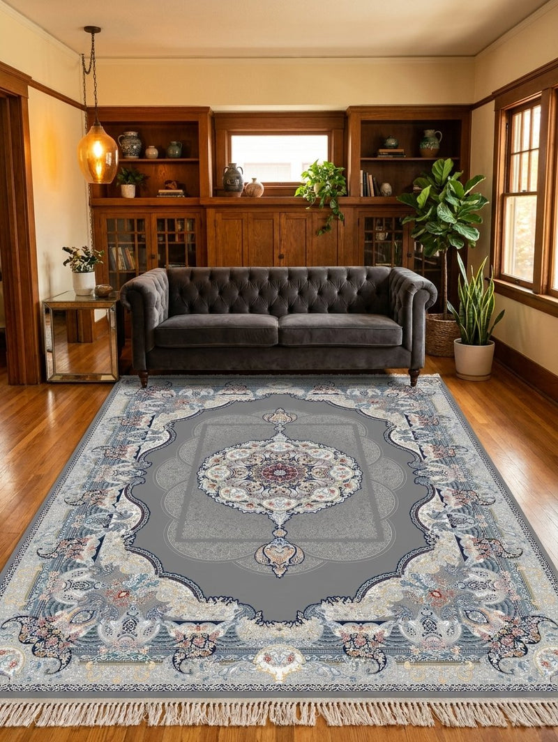 2026 Luxury Persian-Inspired Traditional Rug Dark Gray Royal Medallion 1200 Reeds
