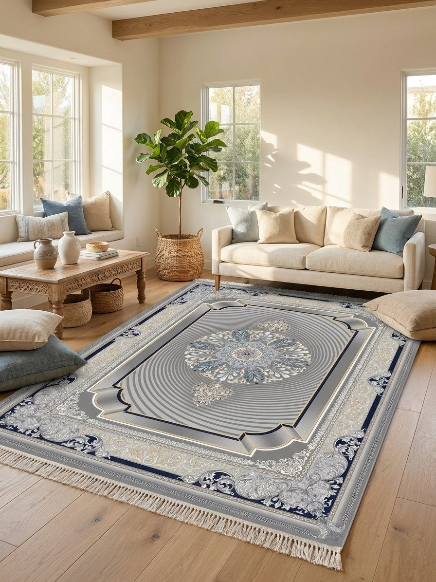 Dark Gray 3D Persian Rug · 1200 Reeds — size 8.2x11.5 Feet (250x350 cm) 9Meters shown to scale in a living room — Stylish Rugs & Carpets, Sacramento