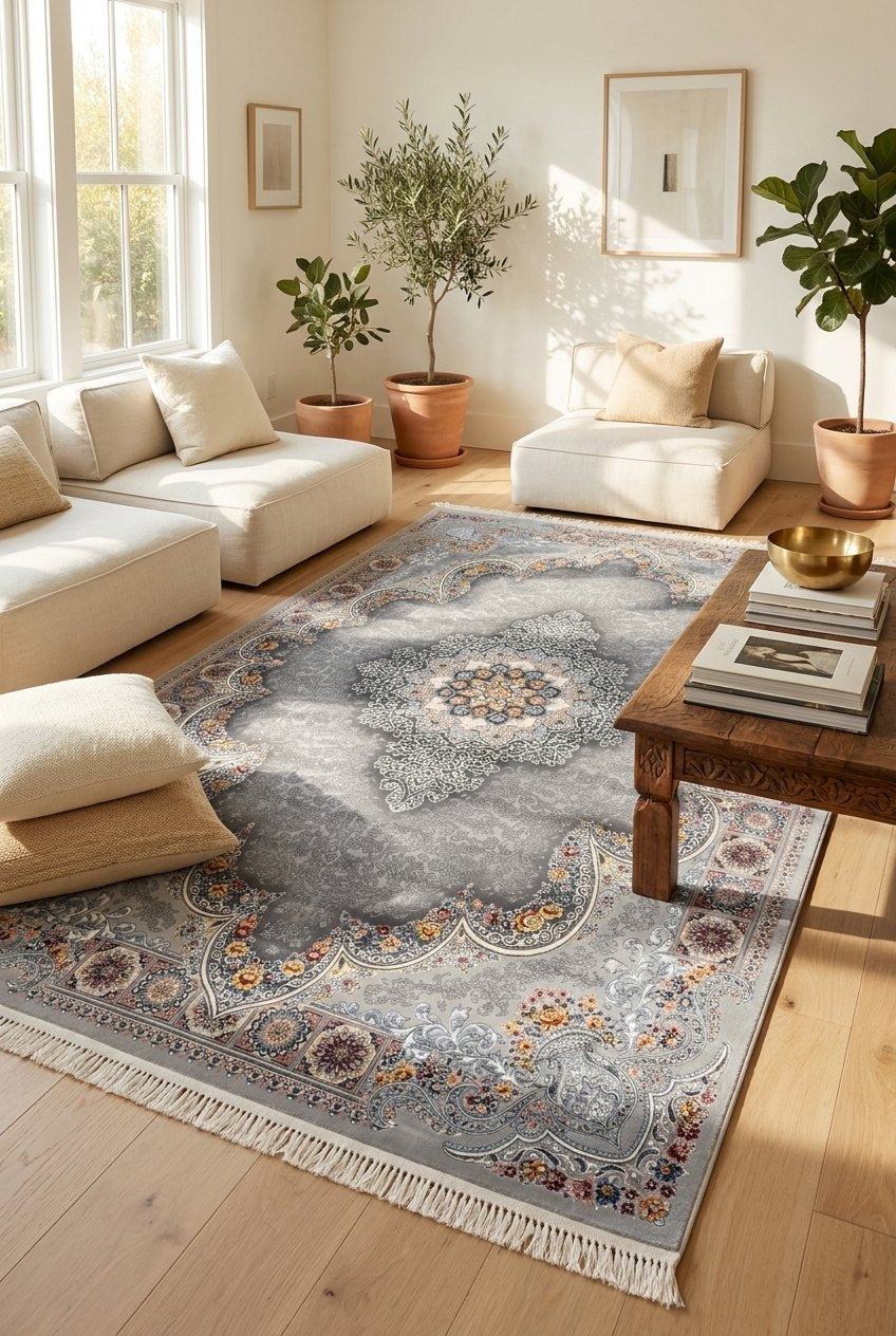 Light Gray Medallion Persian Rug · 1200 Reeds — size 3x13 Feet (91x400 cm) 4Meters Runner shown to scale in a living room — Stylish Rugs & Carpets, Sacramento