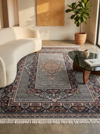 Light Gray Traditional Medallion Persian Rug · 1200 Reeds — size 5x7.5 ft (150x230 cm) 3.5Meters shown to scale in a living room — Stylish Rugs & Carpets, Sacramento