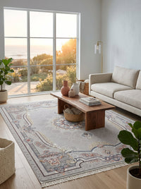 Silver Ornate-Frame Medallion Persian Rug · 1200 Reeds — size 8.2x11.5 Feet (250x350 cm) 9Meters shown to scale in a living room — Stylish Rugs & Carpets, Sacramento