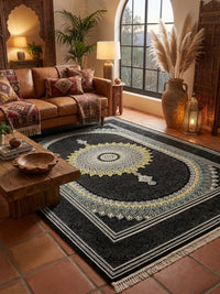 Black Medallion Turkish Rug rug styled in a Sacramento home — Stylish Rugs & Carpets