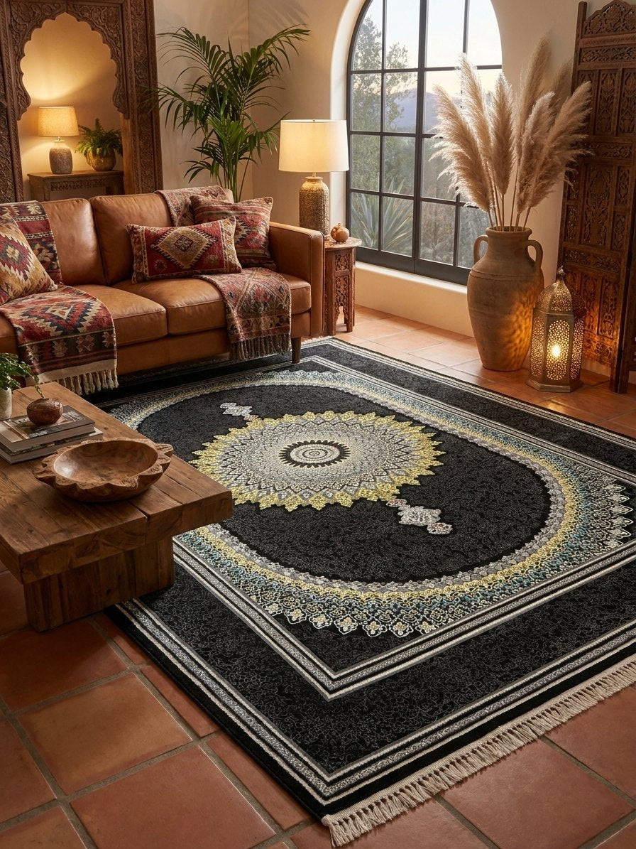 Black Medallion Turkish Rug rug styled in a Sacramento home — Stylish Rugs & Carpets