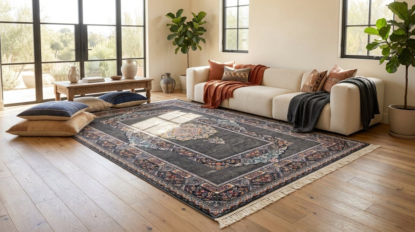 Dark Gray Medallion Persian Rug · 1200 Reeds — size 3x10Feet (91x300cm)  3Meters Runner shown to scale in a living room — Stylish Rugs & Carpets, Sacramento