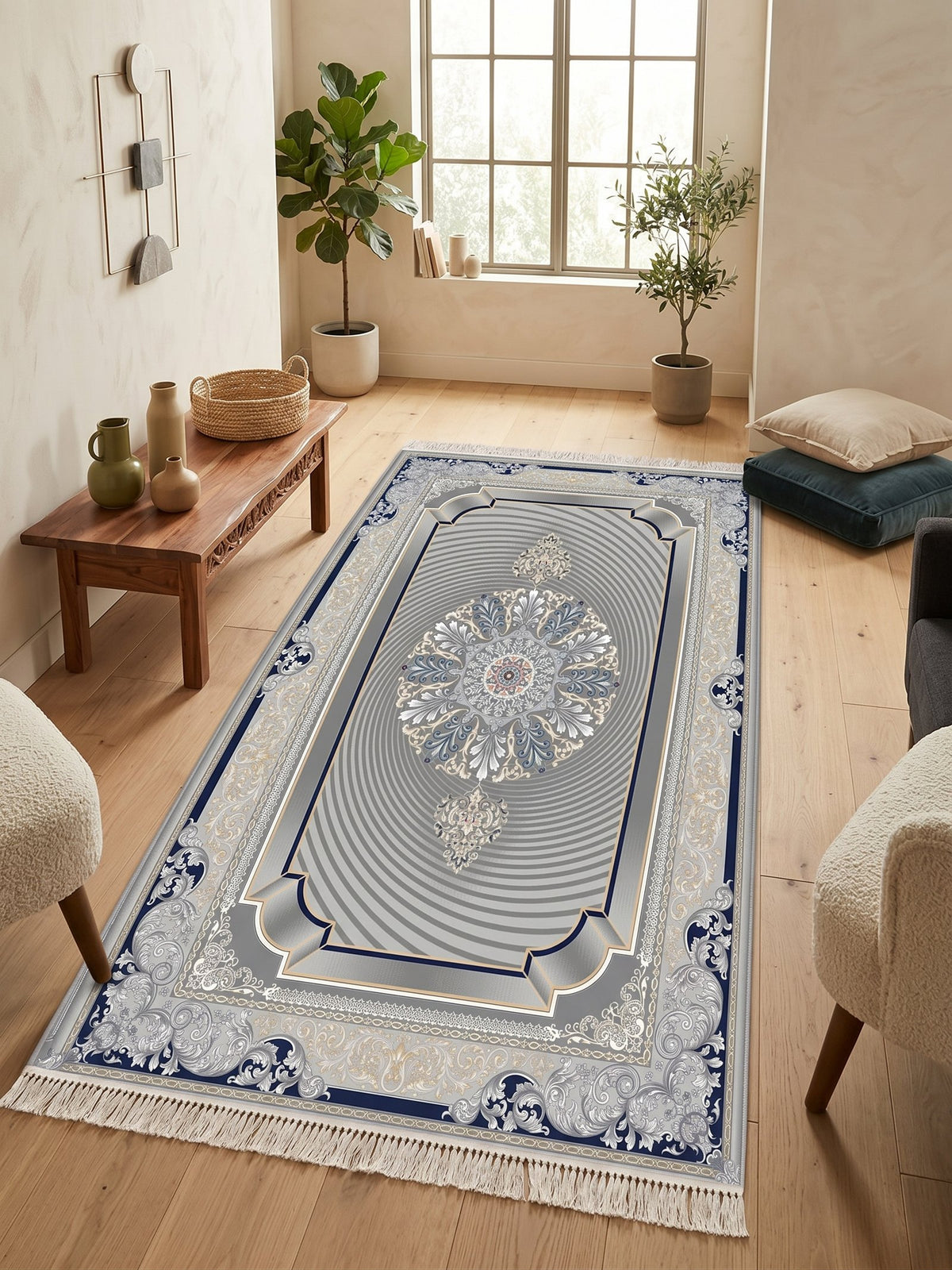 Dark Gray 3D Persian Rug · 1200 Reeds — size 3x10Feet (91x300cm)  3Meters Runner shown to scale in a living room — Stylish Rugs & Carpets, Sacramento