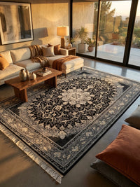 Black & Gray Persian Design Rug — area rug styled in a room, Stylish Rugs & Carpets, Sacramento