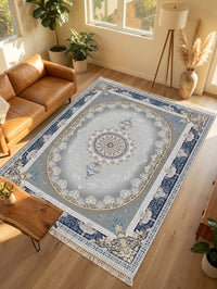Navy Medallion Persian Rug · 1200 Reeds — size 5x7.5 ft (150x230 cm) 3.5Meters shown to scale in a living room — Stylish Rugs & Carpets, Sacramento