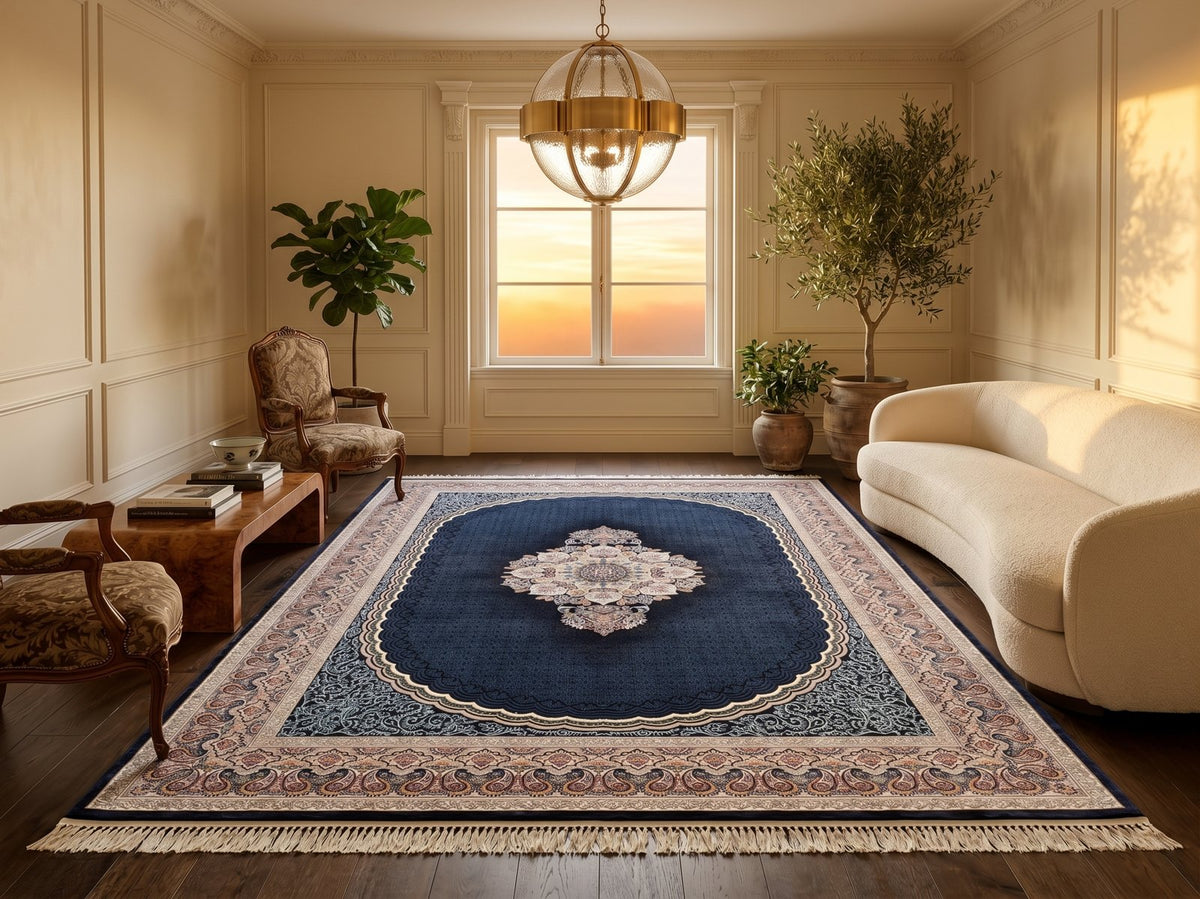 Navy Blue Traditional Persian Rug · 1200 Reeds styled in a room — Stylish Rugs & Carpets, Sacramento