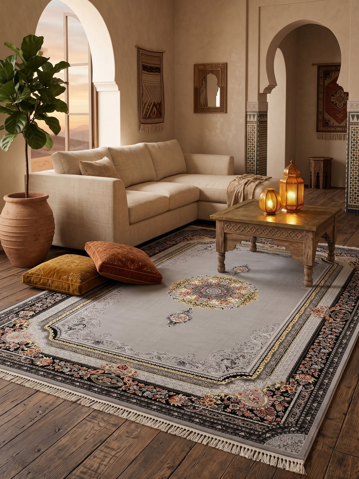 Light Gray Medallion Persian Rug styled in a room — Stylish Rugs & Carpets, Sacramento