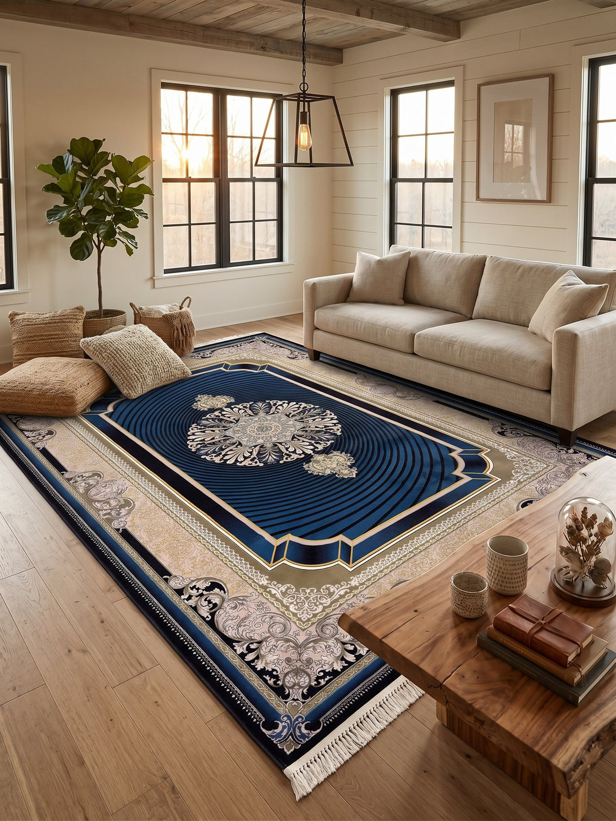 Navy 3D Persian Rug · 1200 Reeds styled in a room — Stylish Rugs & Carpets, Sacramento