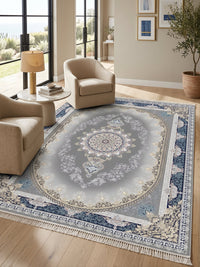 Navy-Border Oval Medallion Persian Rug · 1200 Reeds — size 8.2x11.5 Feet (250x350 cm) 9Meters shown to scale in a living room — Stylish Rugs & Carpets, Sacramento