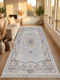Silver Ornate-Frame Medallion Persian Rug · 1200 Reeds — size 3x13 Feet (91x400 cm) 4Meters Runner shown to scale in a living room — Stylish Rugs & Carpets, Sacramento