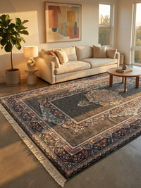 Dark Gray Medallion Persian Rug · 1200 Reeds — size 6.5x10 Feet (200x300 cm) 6Meters shown to scale in a living room — Stylish Rugs & Carpets, Sacramento