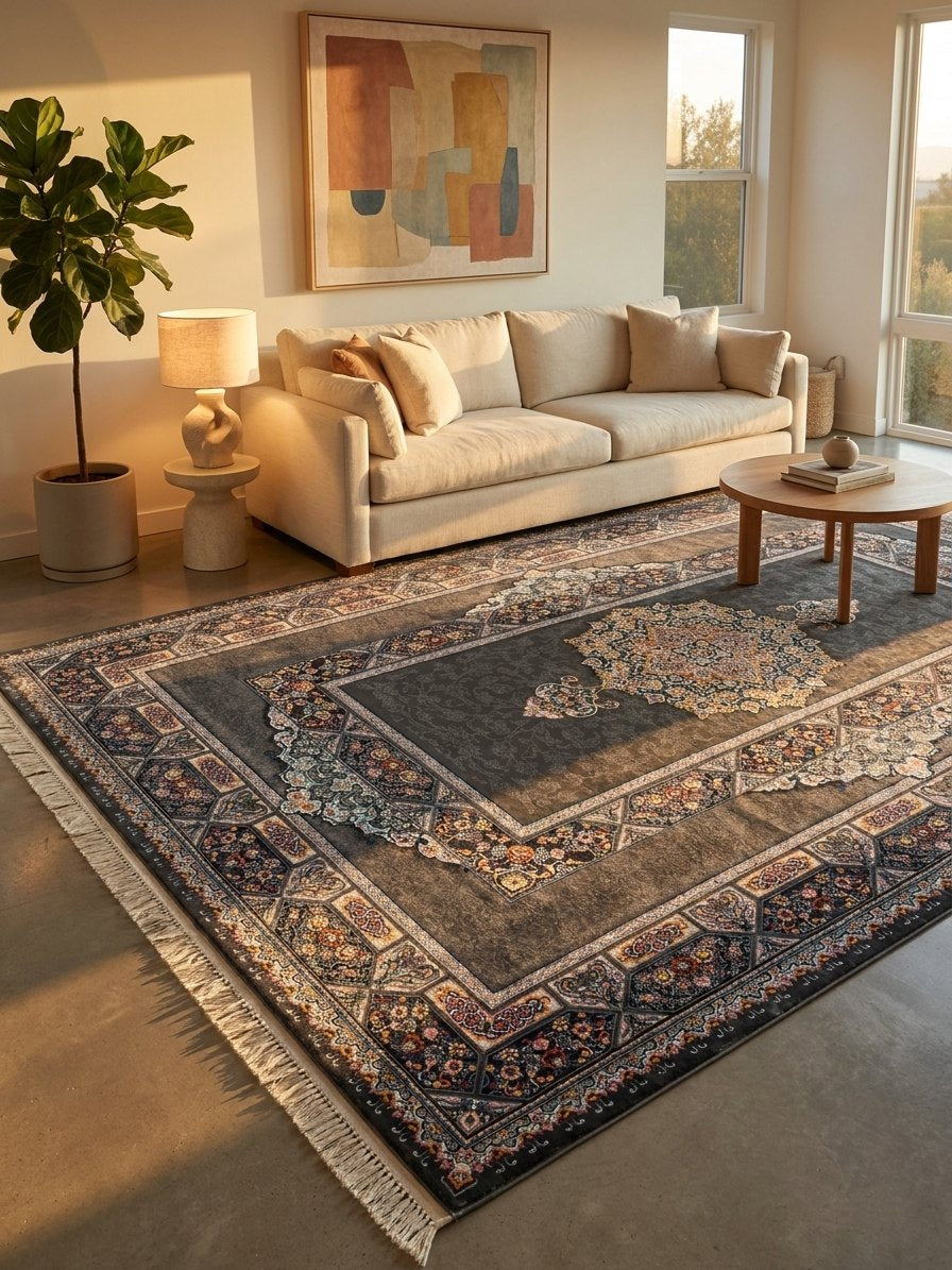 Dark Gray Medallion Persian Rug · 1200 Reeds — size 6.5x10 Feet (200x300 cm) 6Meters shown to scale in a living room — Stylish Rugs & Carpets, Sacramento