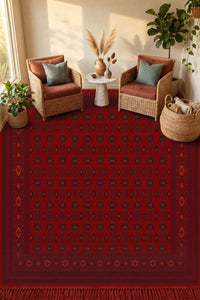 Deep Red Mauri Turkmen Turkish Rug — area rug styled in a room, Stylish Rugs & Carpets, Sacramento