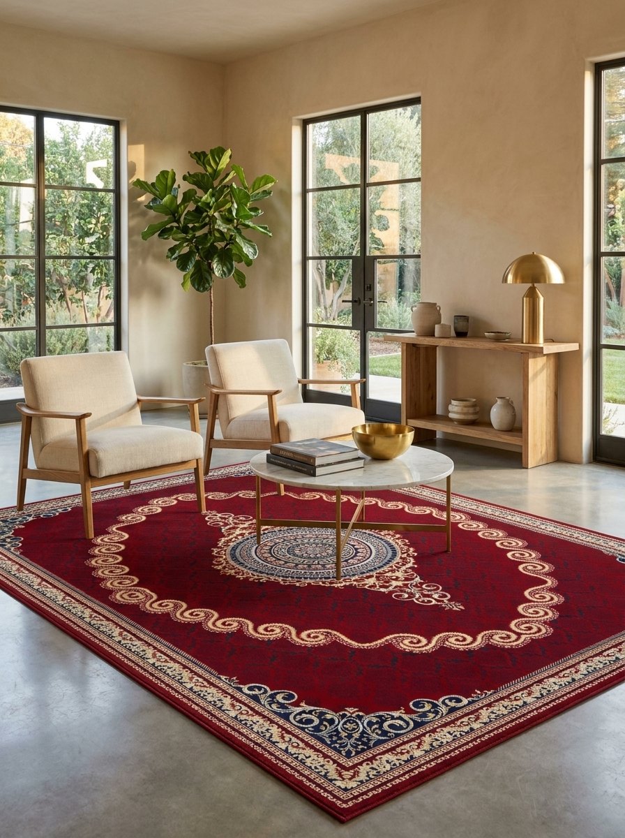 Red & Gold Scroll Persian Rug · 1200 Reeds — size 10x13 Feet (300x400 cm) 12Meters shown to scale in a living room — Stylish Rugs & Carpets, Sacramento