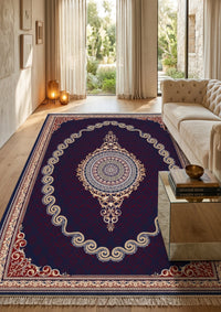Burgundy & Gold Scroll Persian Rug · 1200 Reeds — size 6.5×10 ft (200×300 cm) shown to scale in a living room — Stylish Rugs & Carpets, Sacramento