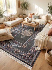 Dark Gray Medallion Persian Rug · 1200 Reeds — size 3x13 Feet (91x400 cm) 4Meters Runner shown to scale in a living room — Stylish Rugs & Carpets, Sacramento