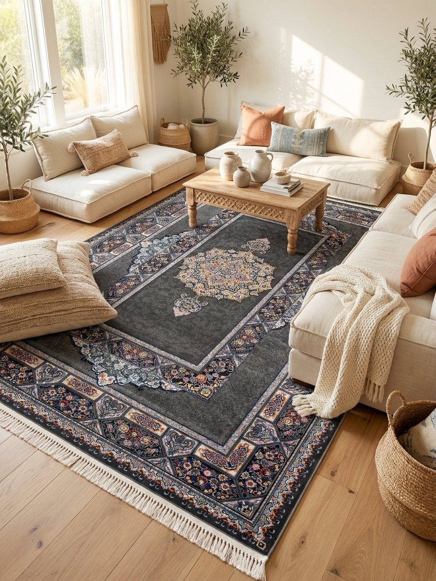 Dark Gray Medallion Persian Rug · 1200 Reeds — size 3x13 Feet (91x400 cm) 4Meters Runner shown to scale in a living room — Stylish Rugs & Carpets, Sacramento