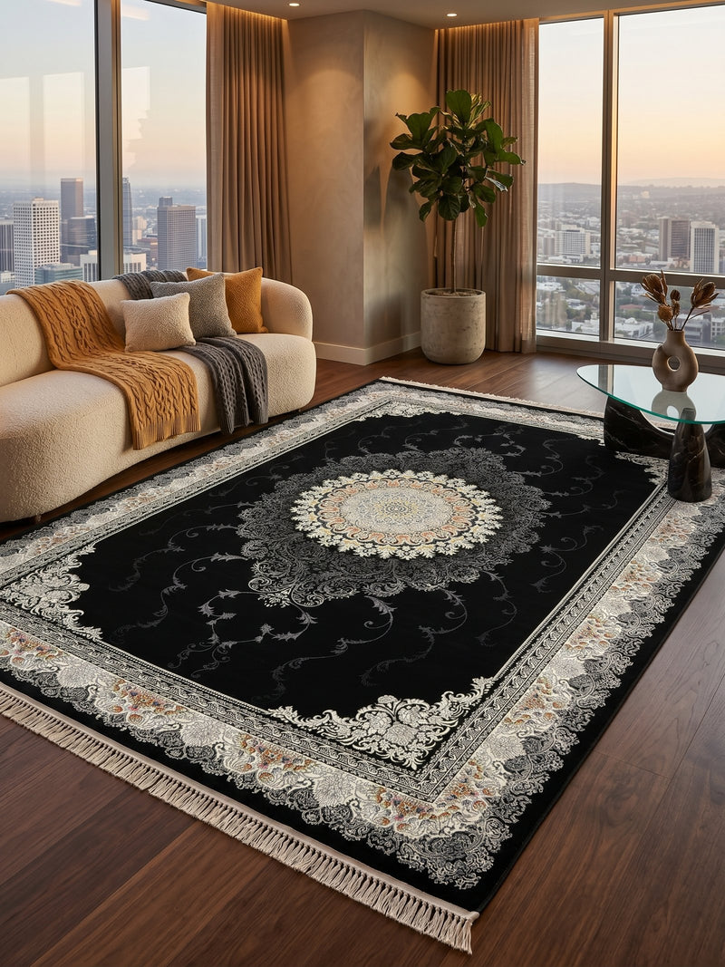 Black Floral Circular Medallion Turkish Rug | Stylish Rugs