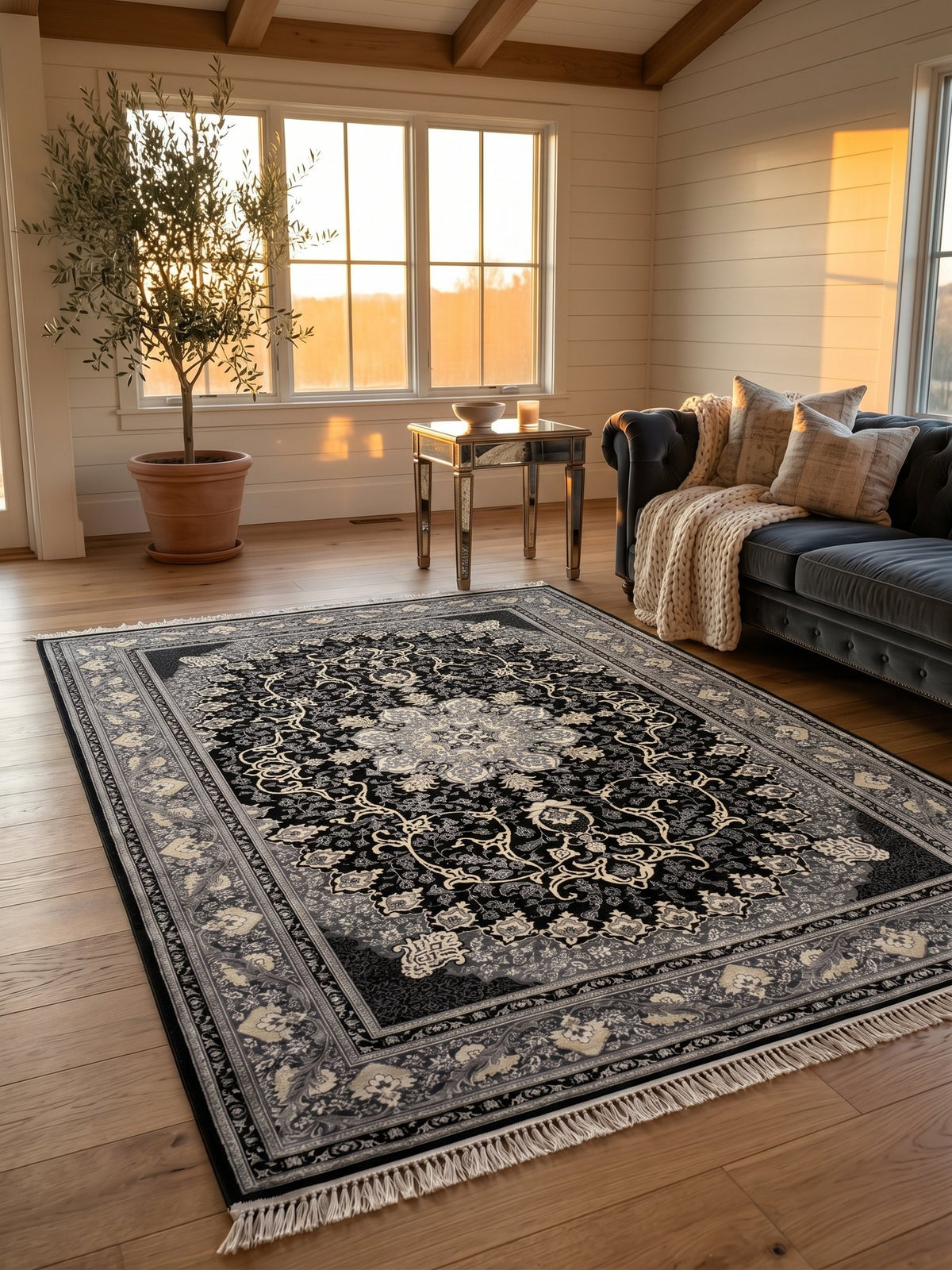 Black & Gray Persian Design Rug styled in a room — Stylish Rugs & Carpets, Sacramento