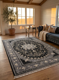 Black & Gray Persian Design Rug styled in a room — Stylish Rugs & Carpets, Sacramento