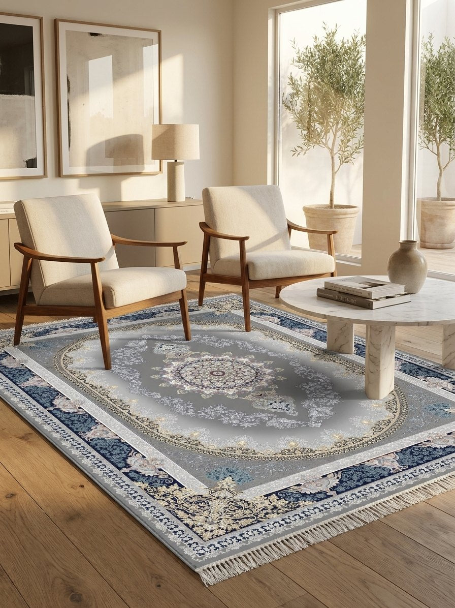 Navy Medallion Persian Rug · 1200 Reeds — size 10x13 Feet (300x400 cm) 12Meters shown to scale in a living room — Stylish Rugs & Carpets, Sacramento