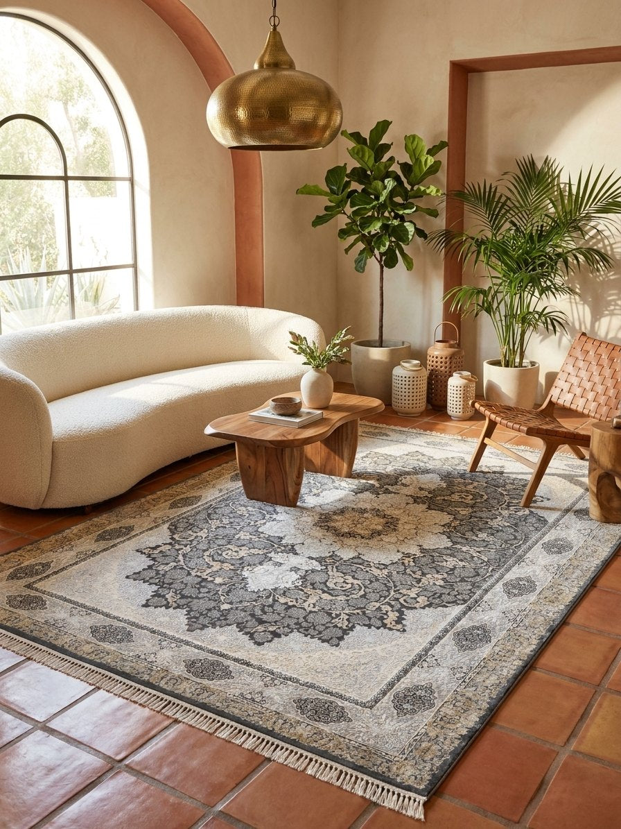 Gray & Gold Medallion Persian Rug rug styled in a Sacramento home — Stylish Rugs & Carpets