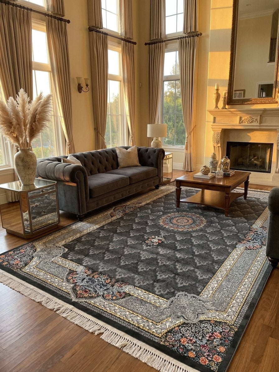 Dark Gray Medallion Persian Rug · 1200 Reeds rug styled in a Sacramento home — Stylish Rugs & Carpets