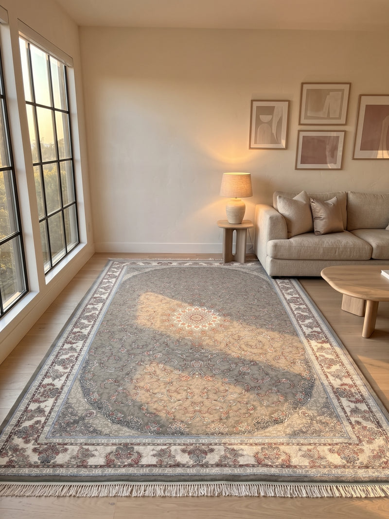 Classic Persian Carpet Floral Medallion Gray Background Cream Border 2 Million Points