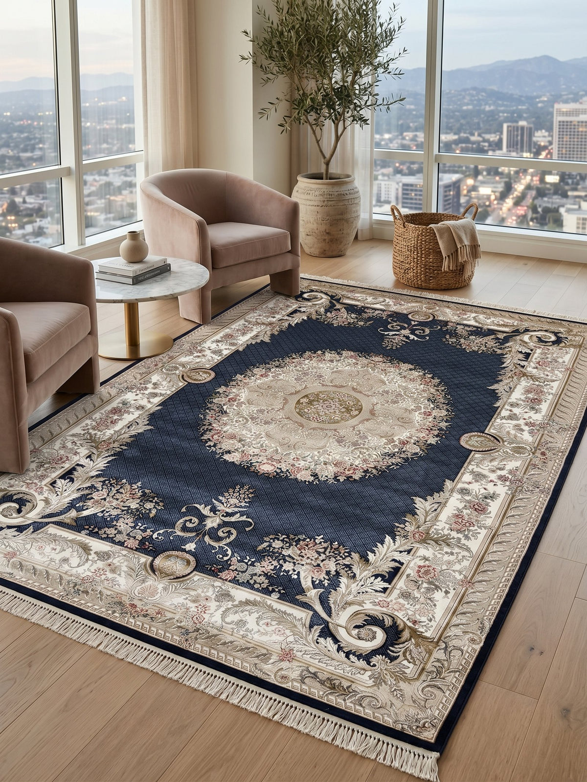 Persian Classic Carpet with Navy Background, Golden Medallion, and Cream Floral Borders styled in a room — Stylish Rugs & Carpets, Sacramento