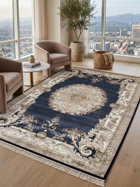 Persian Classic Carpet with Navy Background, Golden Medallion, and Cream Floral Borders styled in a room — Stylish Rugs & Carpets, Sacramento