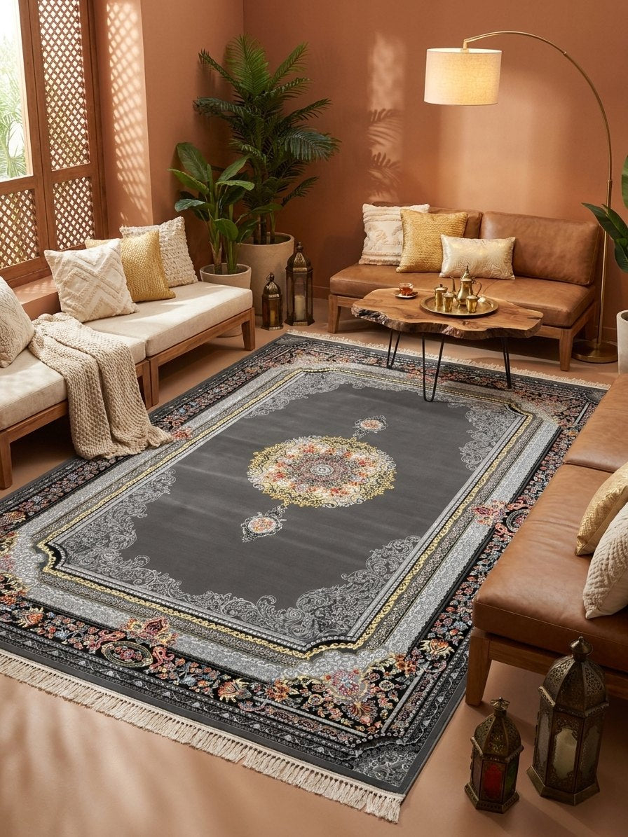 Gray & Gold Medallion Persian Rug rug styled in a Sacramento home — Stylish Rugs & Carpets
