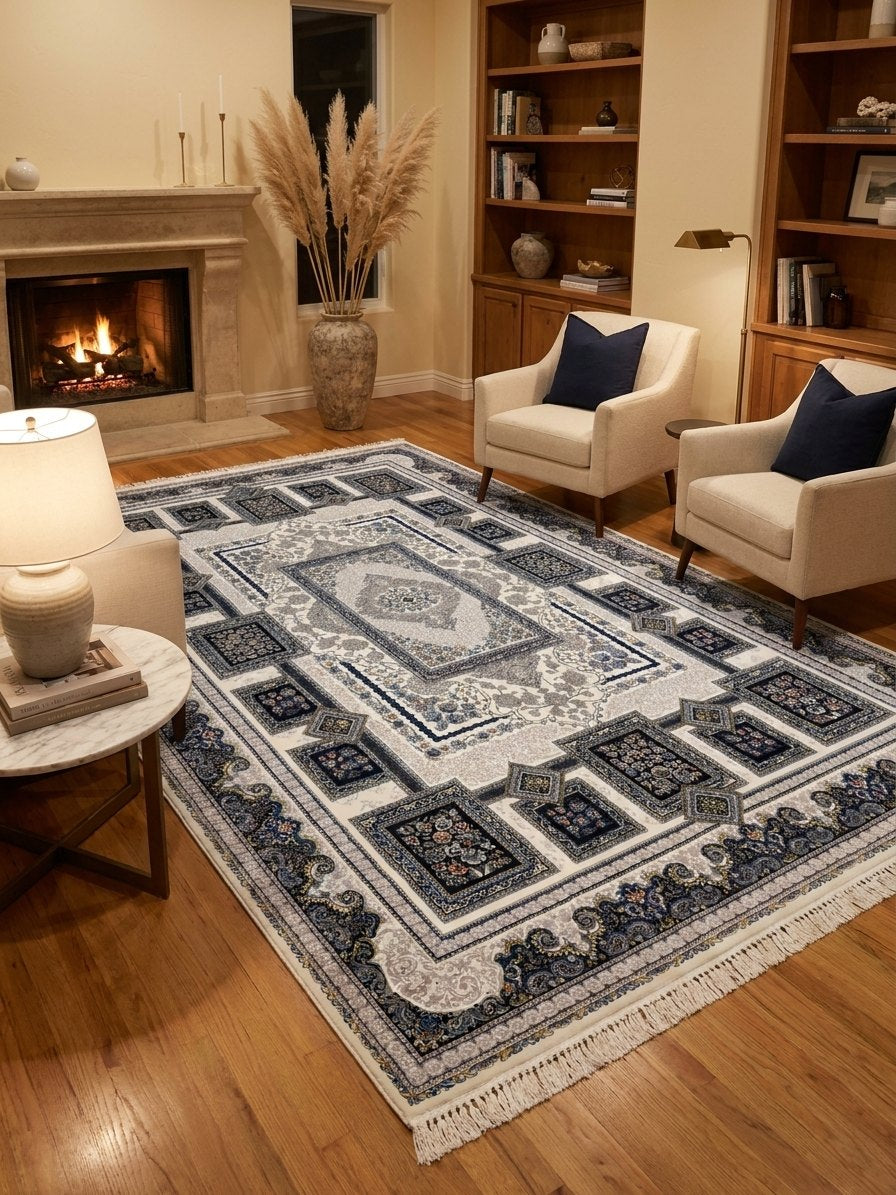 Cream & Silver Medallion Persian Rug rug styled in a Sacramento home — Stylish Rugs & Carpets