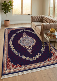 Burgundy & Gold Scroll Persian Rug · 1200 Reeds — size 8.2×11.5 ft (250×350 cm) shown to scale in a living room — Stylish Rugs & Carpets, Sacramento