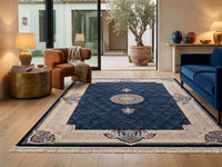 Deep Navy Central Medallion Persian Rug · 1200 Reeds styled in a room — Stylish Rugs & Carpets, Sacramento
