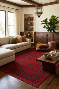 Red Filpai Elephant Foot Turkish Rug — area rug styled in a room, Stylish Rugs & Carpets, Sacramento