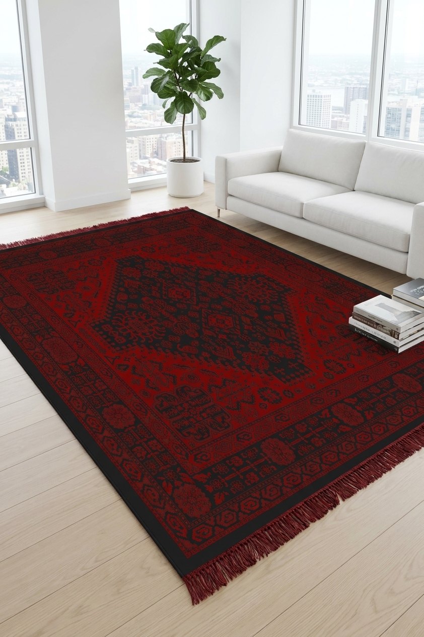 Black & Red Grand Medallion Turkish Rug — area rug styled in a room, Stylish Rugs & Carpets, Sacramento