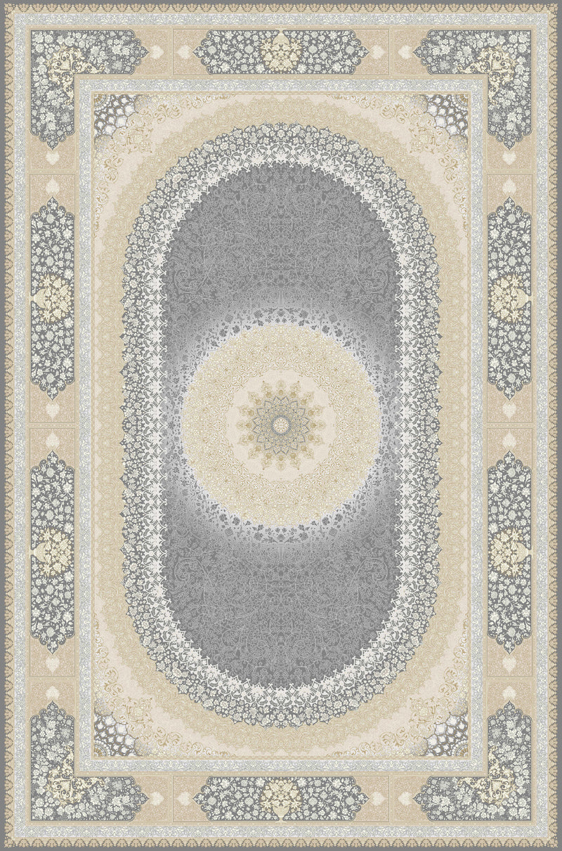 Grey & Cream oval medallion rug from the Shadow line, Art Silk pile
