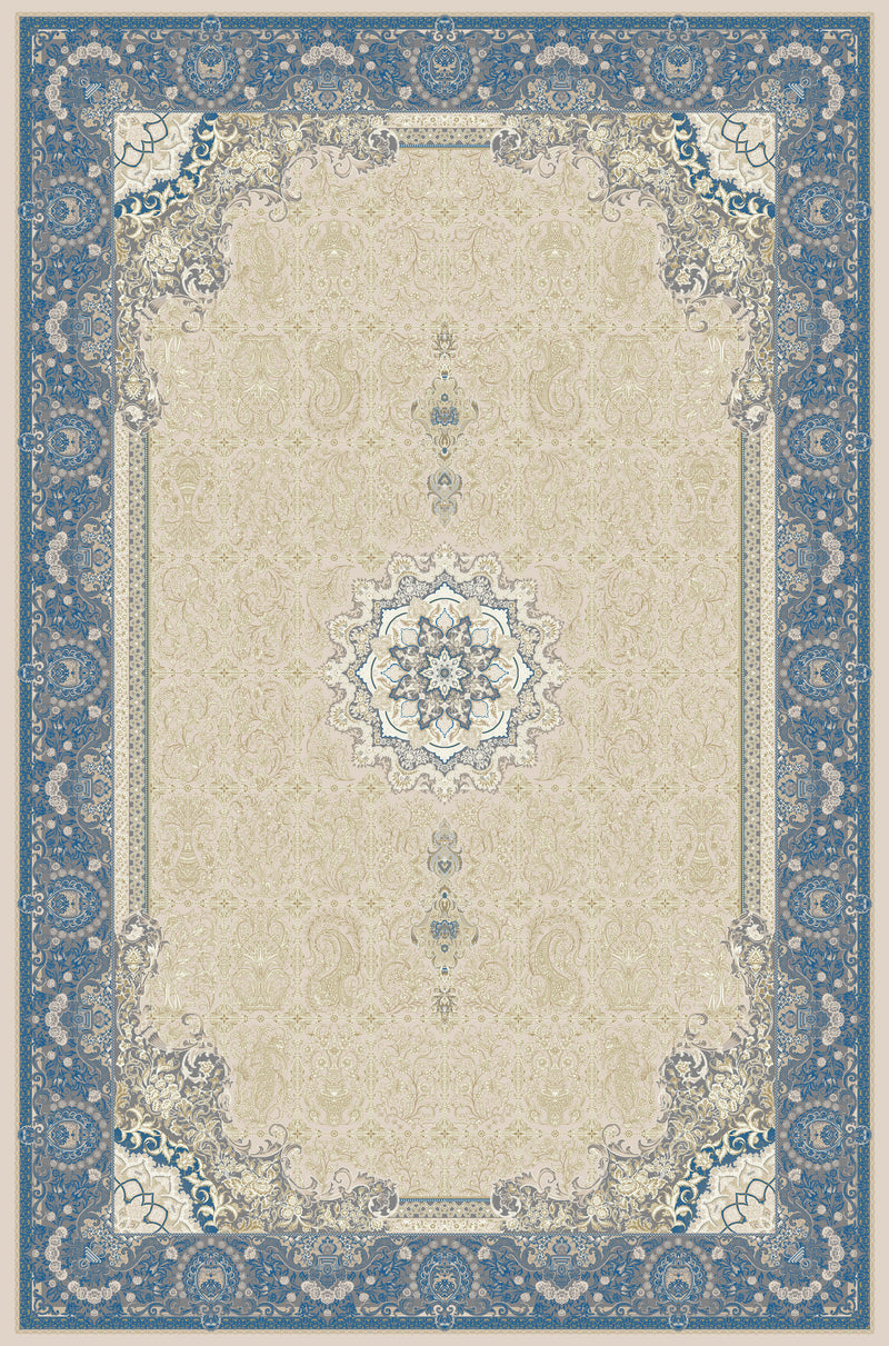 Ivory & Blue star medallion rug from the Shadow line, Art Silk pile
