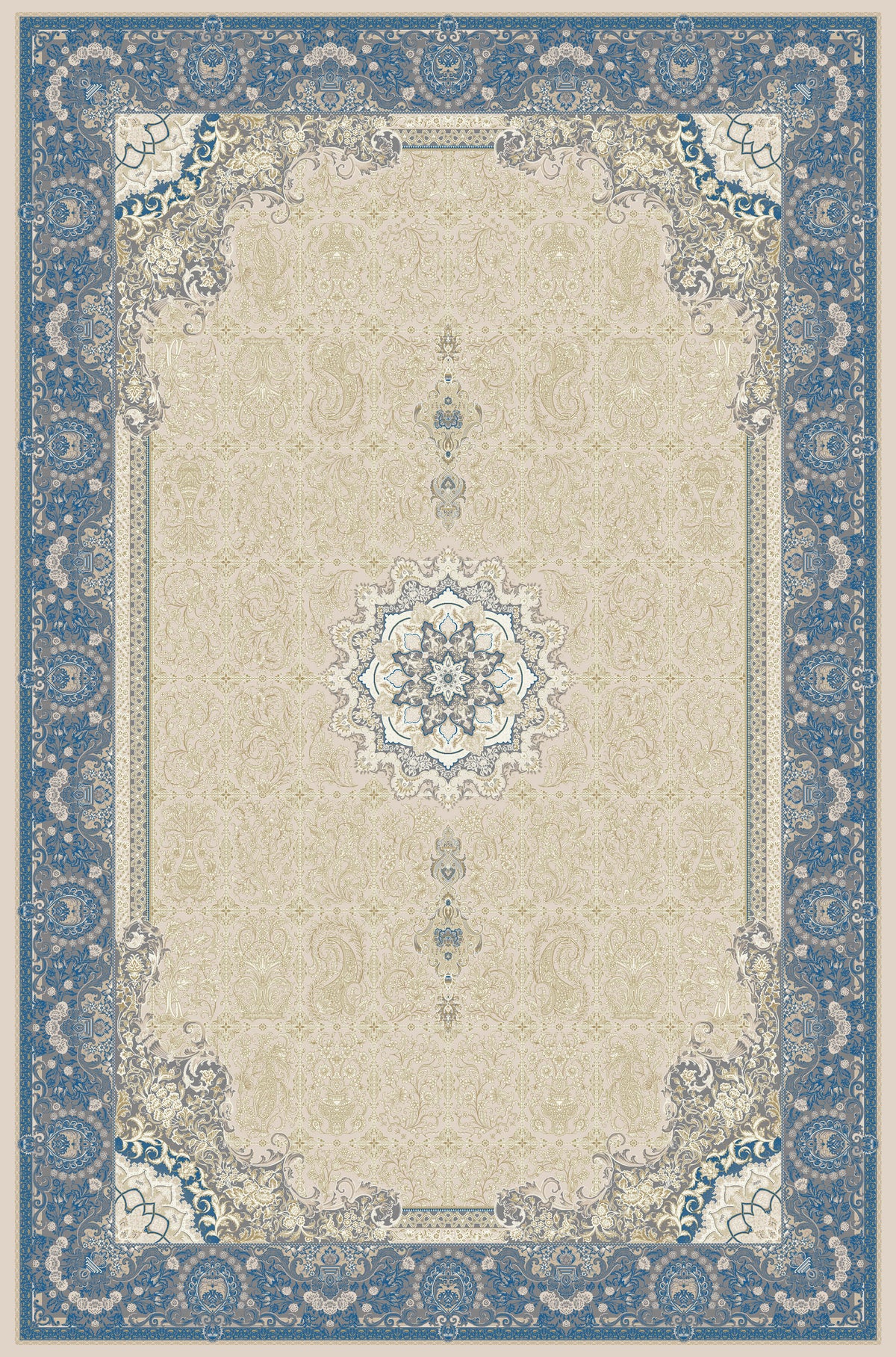Ivory & Blue star medallion rug from the Shadow line, Art Silk pile