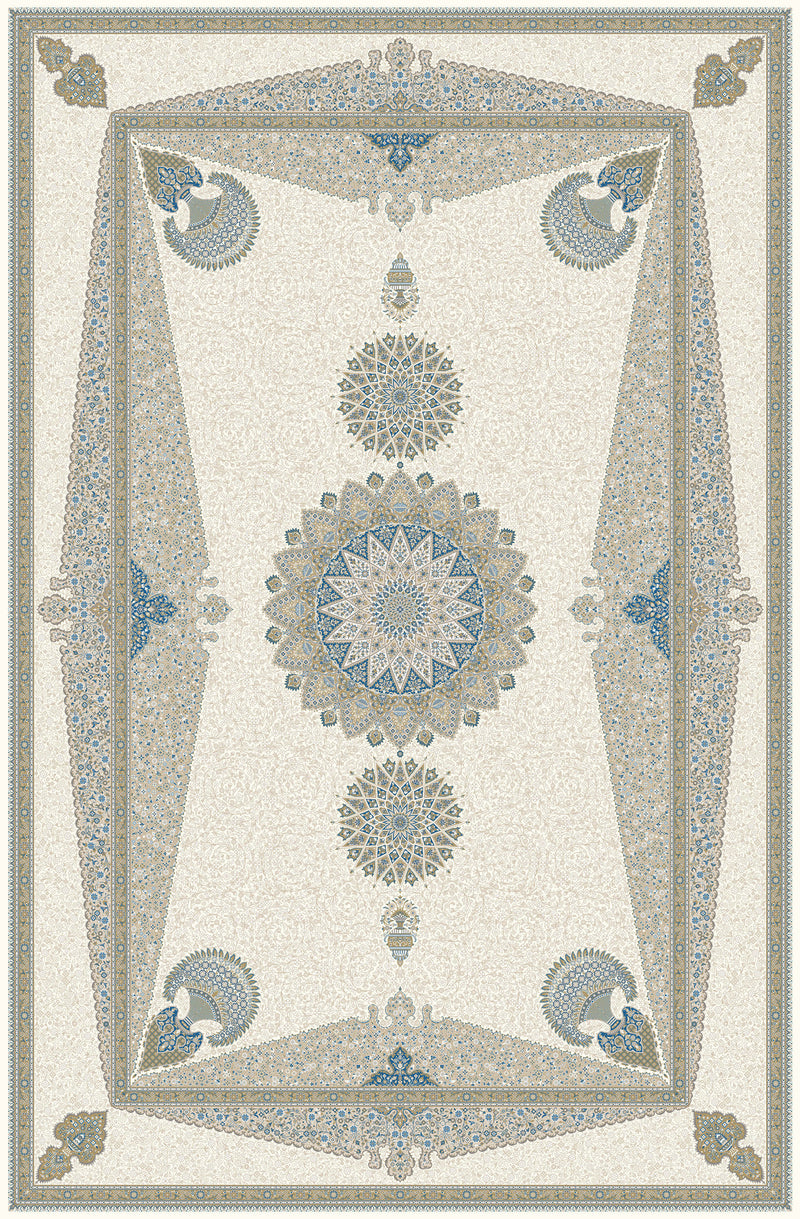 Cream & Teal roundel panel rug from the Shadow line, Art Silk pile