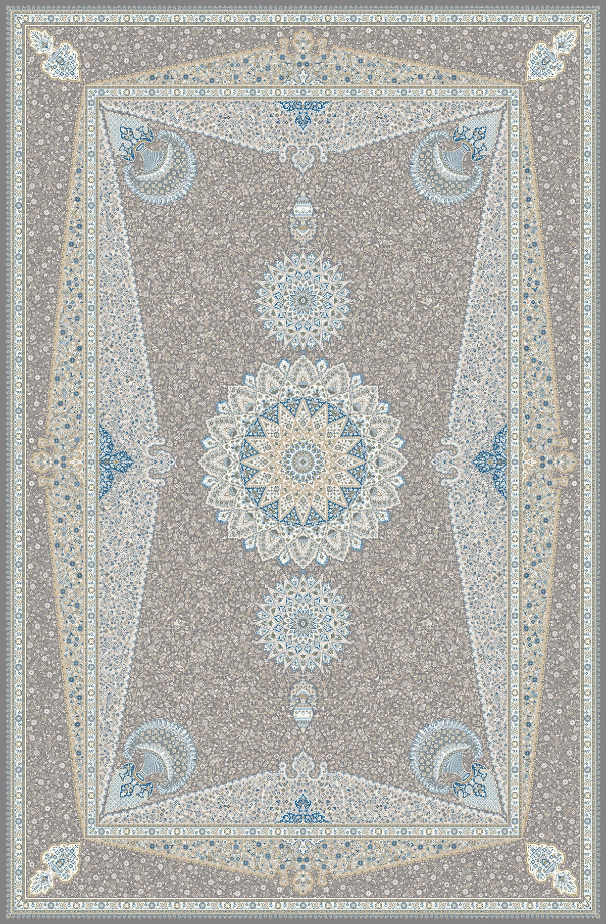 Grey & Teal roundel panel rug from the Shadow line, Art Silk pile