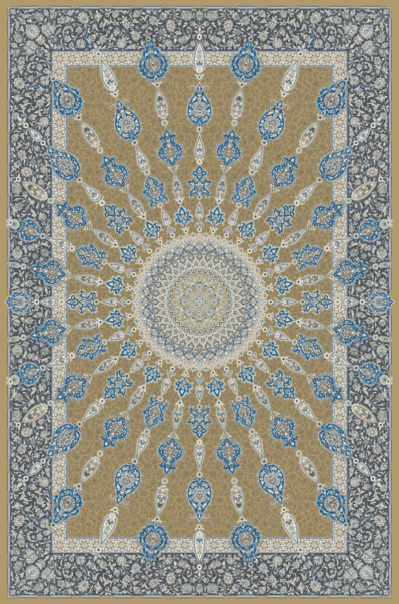 Gold & Blue radiating boteh rug from the Shadow line, Art Silk pile