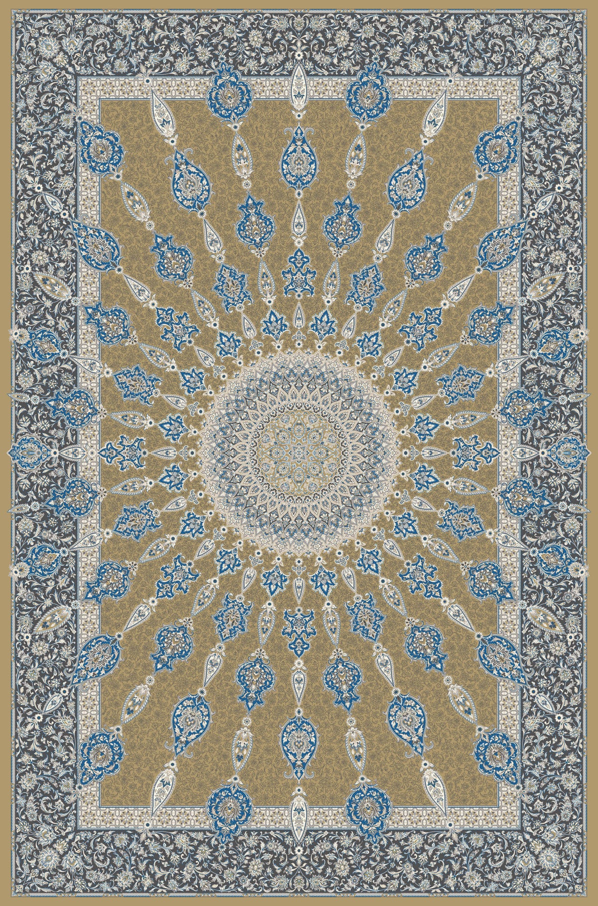 Gold & Blue radiating boteh rug from the Shadow line, Art Silk pile