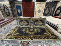 Black and gold floral medallion Afghan toshak cover set with two cushions, front view