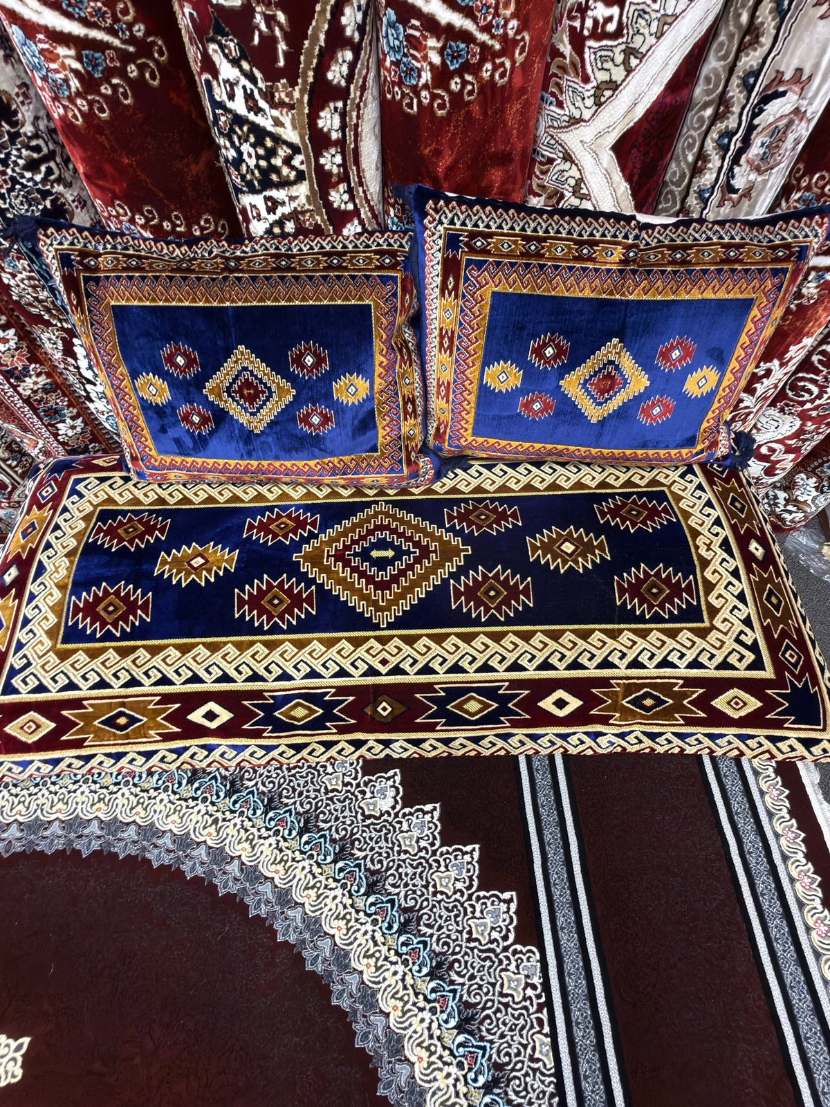 Afghan toshak cover set with blue tribal diamond cushion covers