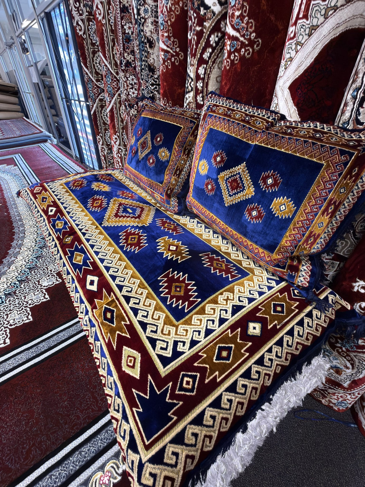 Royal blue and madder red Afghan toshak watani pattern detail